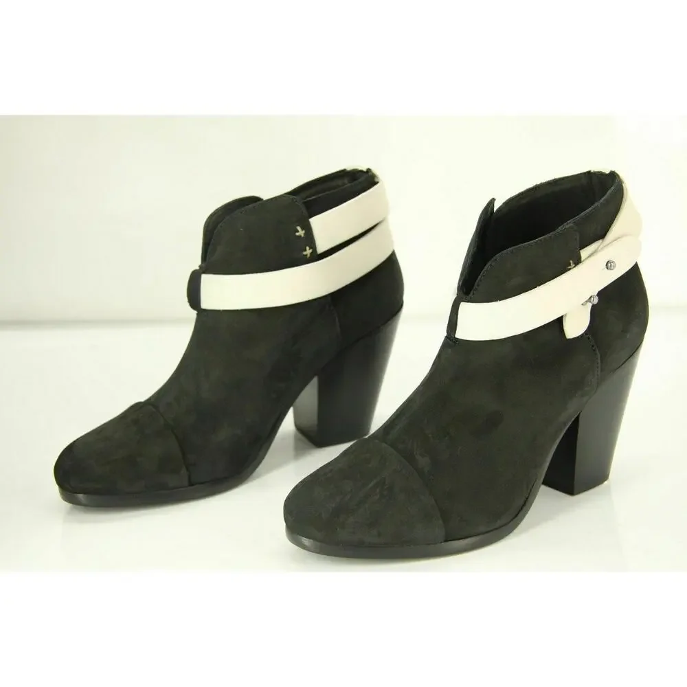 Rag & Bone Harrow White Strap Black Suede Ankle Boots Size 37.5 New $495
